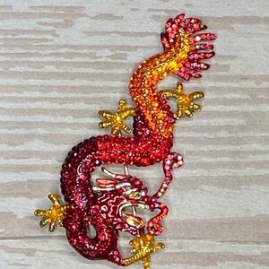Large statement red dragon rhinestone brooch pin